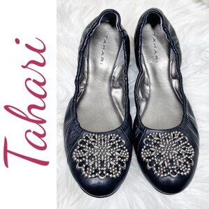 NWOB TAHARI VALERIE BALLET FLAT LEATHER GUNMETAL GRAY SILVER, SIZE 7.5